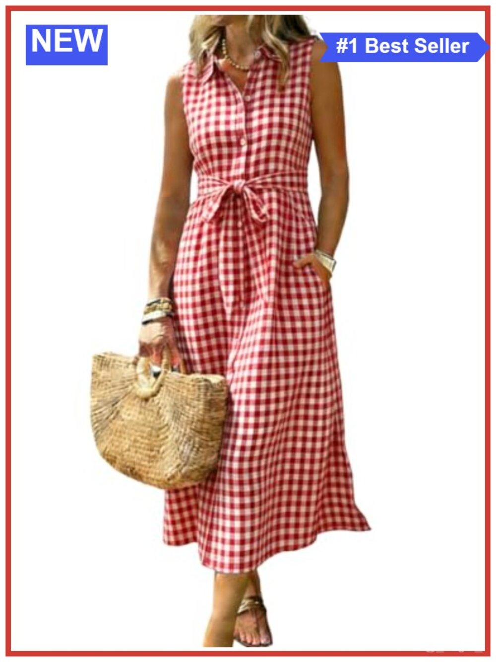 Summer Plaid Button Down Shirt Dress Belted Midi A-Line with Pockets